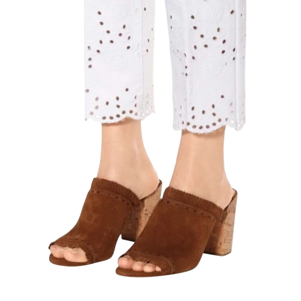 TORY BURCH Huntington Brown Suede Fringe Cork Block Heel Slide-on Sandal Size 9M